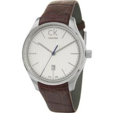 Ck Calvin Klein Mens Gravitation Swiss Made Silver Dial Brown Leather Watch