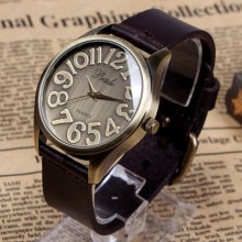 Classic Retro Style Bronze Case Leather Strap Mens Womens Quartz Analog Watch