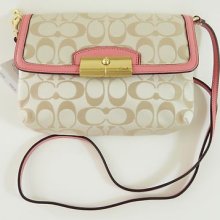 Coach F48983 Kristin Signature Sateen Flap Shoulder Bag Crossbody Khaki/rose