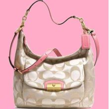 Coach Kristin Signature Large Hobo Bag Purse Gold Cream Khaki Rose F22310 $398