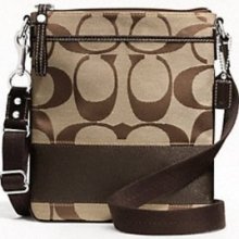 Coach Signature Stripe Swingpack Purse Crossbody. Brow Tan Khaki Msrp $128