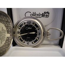 Colibri Silvertone Quartz Black Face Pocket Watch W/large Luminus Hands