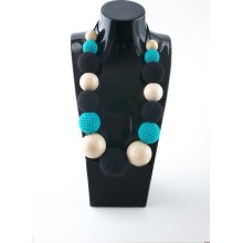 Crochet wood beads Necklace. Black, Turquoise and Natural wood colors. Big and Impressive