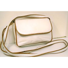 Cross Body Bag Shoulderbag White Faux Leather Mini Bag Gold Trim Great Preowned