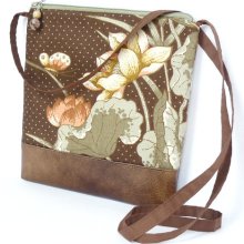 Crossbody Bag, Fabric Hip Bag, Purse Pouch - Peachtree Lane in Brown, Gold and Sage