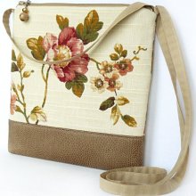 Crossbody Bag, Fabric Hip Bag, Pouch Purse - Meander Floral in Cream, Peach and Fawn