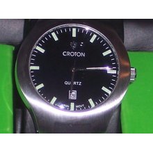 Croton Mens Watch Brushed Round Stainless Steel Case Black Dial Rubber Strap