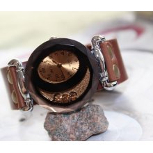 dark brown leather wrist watch,rivet bracelet,leather watch,antique watch,vintage watch ,wrist watch, handmade watch, bracelet,rivet watch