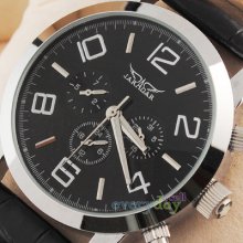 Date Day Hq Mens Black Fashion Automatic Mechanical Wrist Watches Round Black Pu