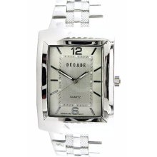 Decade Mens Watch w/Silvertone Rectangle Case, White Dial and ST Expansion Band