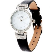 Diamonique 9/10 ct tw Round Leather Strap Watch - Black - One Size
