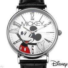 Disney Mickey Mouse Watch/black Leather/silver/large Numbers Retail $100