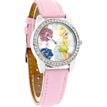 Disney Tinker Bell Ladies Crystal Flower Pink Leather Quartz Watch TNK459