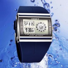 Dual Time Function Womens Blue Silicon Sport Quartz Watch Date Alarm Gift