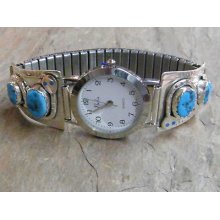 Effie C Native American Zuni Indian Sterling Silver Watch Band Turquoise Men's
