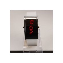 Elegant Arc Style Stainless Steel Case Digital Display Red LED Light Wrist Watch White Silicone Band