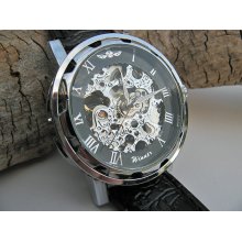 Elegant Classic Automatic Mechanical Wrist Watch with Black Leather Wristband - Steampunk Era - Men - Groomsmen - Watch - Item MWA012
