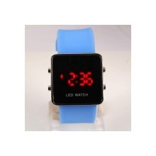 Elegant Square Stainless Steel Case Digital Display Red LED Light Wrist Watch Blue Silicone Band
