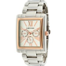 Elgin Ladies' Silver-tone Multi Function Bracelet Watch w/ Rectangle Dial and Rose-tone Accents