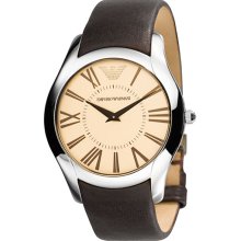 Emporio Armani Round Case Leather Strap Watch Silver/ Brown