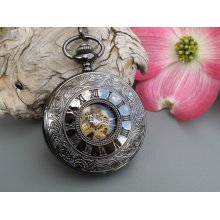 Engraved Black Pocket Watch Roman Mechanical Pocket Watch, Watch Chain - Men - Best Man - Groomsmen - Watch - Item MPW152