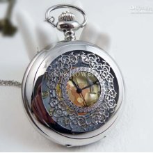 European Style L Size White Steel Small Floral Pocket Watch Necklace