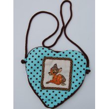 Fabric bag, heart-shaped, green and brown, with embroidery handmade cross-stitch is Bambi, for girls