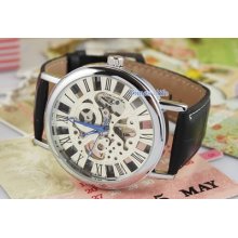 Fad Mens Full Silvery Skeleton W/see Through Mechanical Watch Leather Us