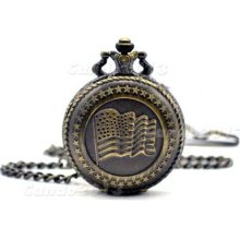 Fashion Classic Antique American Flag Retro Quartz Necklace Cnog Pocket Watch