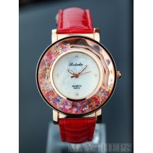 Fashion Colorful Moveable Rhinestones Leather Women Girl Quartz Wrist Watch Red