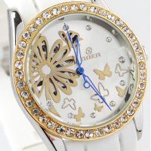Fashion Crystals Tone Automatic Lady Watch Pure White Silica Gel Band Goer