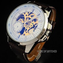 Fashion Men Blu-ray White Dial Skeleton Automatic Mechanical Leather Wrist Watch