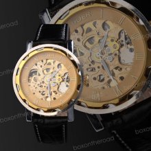 Fashion Men Roman Black Band Skeleton Golden Dial Mechanical Wrist Watch
