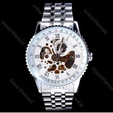 Fashion Men Stainless Steel White Roman Skeleton Mechanical Wrist Watch