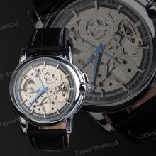 Fashion Men's Black Leather Band Skeleton Silver Dial Mechanical Wrist Watch