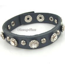 Fashion Rhinestone Black Genuine Leather Light Adjustable Buckle Bracelet Bangle