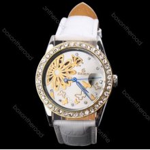 Fashion Roman Men White Band Skeleton Crystal Mechanical Wrist Watch
