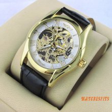 Fashion Roman Numerals Golden Skeleton Dial Mechanical Hand Wind Up Wrist Watch