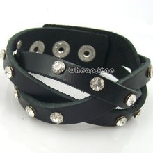 Fashion Women's Rhinestone Black Genuine Leather Braided Wrist Bracelet Bangle