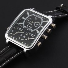 Fashionable Powerful Men's 3 Time Zones Movements Black Pu Leather Wrist Watch