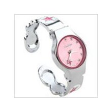Female bangle quartz watch with metal band red dial