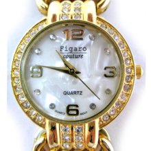 Figaro Gold Tone Glass Stones Mother Of Pearl Bracelet Womens Ladies Watch