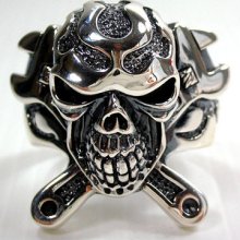 Flame Mechanic Wrench Cross Skull 925 Sterling Silver Ring Sz 8 Mens Biker