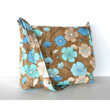 Floral Cross Body Bag / Messenger Purse - Blue Floral on Brown