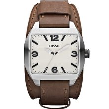 Fossil Brand Mens Watch Brownleather Cuff Style Jr1387 Stainelss Steel Warranty