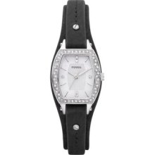 Fossil Womens Trend Crystal Accented Stainless Steel Case Black Leather Watch