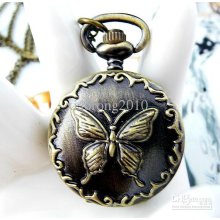 Freeshipping Fashion Quartz Antique Bronze Butterfly Pocket Watch Ne