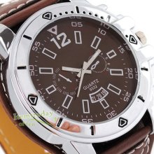 Full Brown Quartz Watch Movt Big Size Leather Band Mens Boys