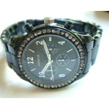 Geneva Black- Chrono Mk Look W/crystals- Quartz Watch