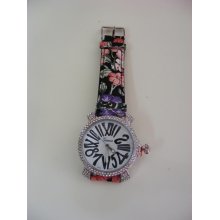 Geneva Black Leather & Fabric Pink & Purple Flower Strap Quartz Watch